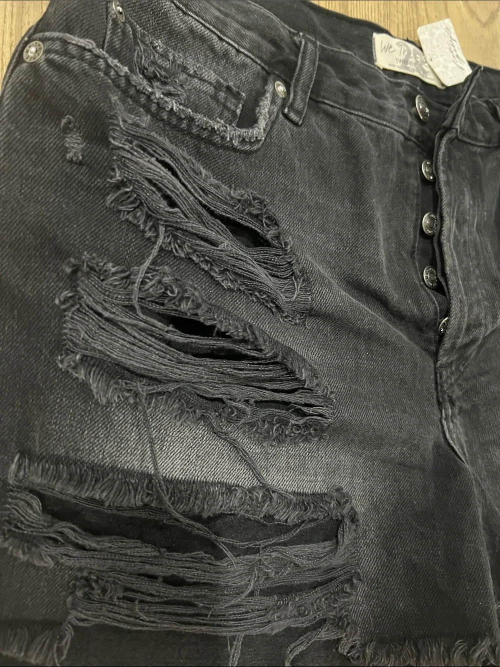 Free People Button Fly Distressed Black Denim Shorts Faded Size 28
